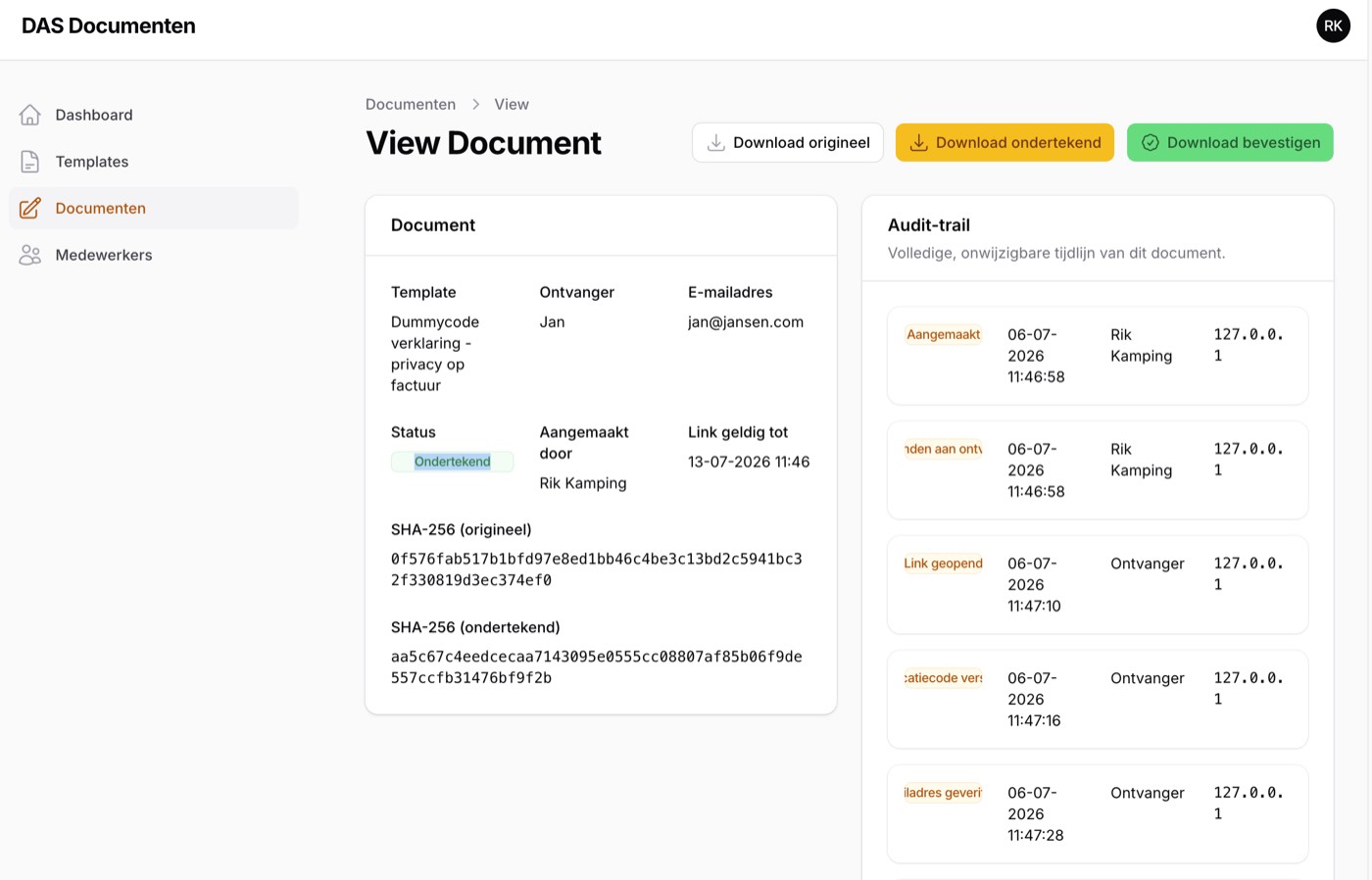 Documentweergave met SHA-256-hashes en onwijzigbare audit-trail