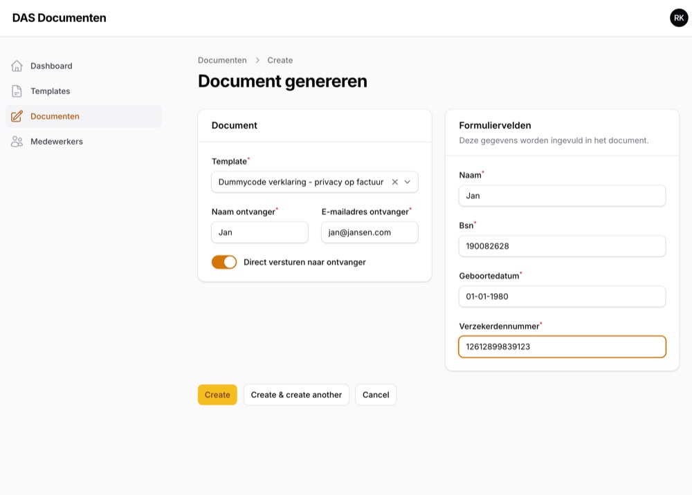 Document genereren: template kiezen en formuliervelden invullen