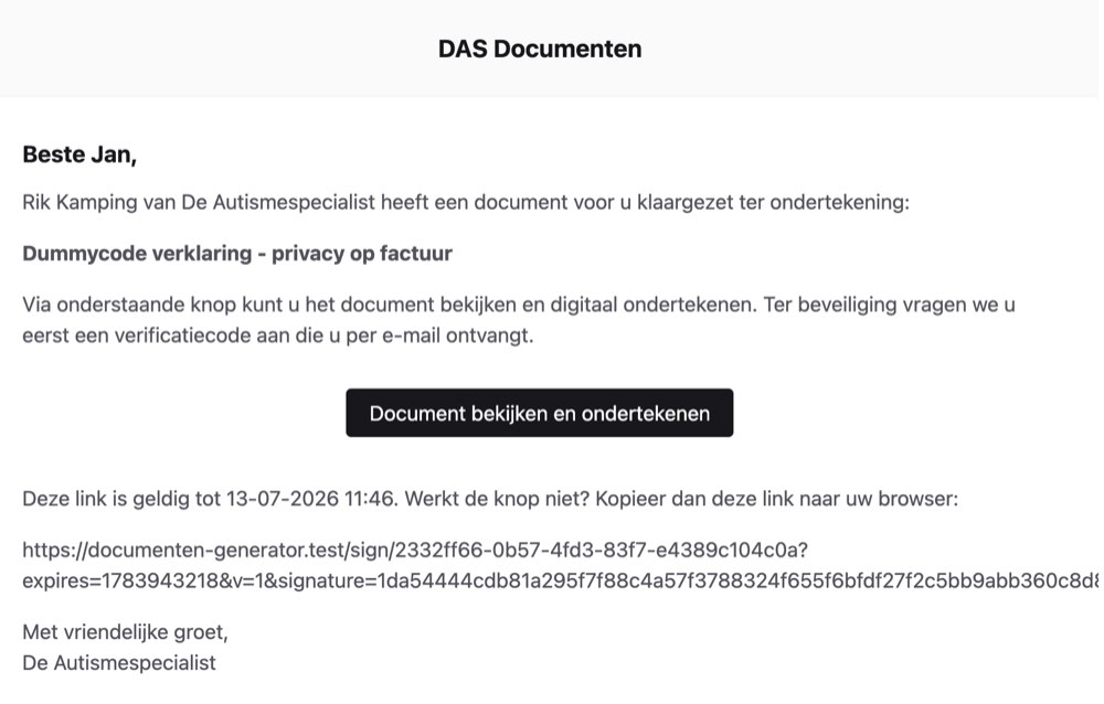 E-mail aan de cliënt met knop Document bekijken en ondertekenen