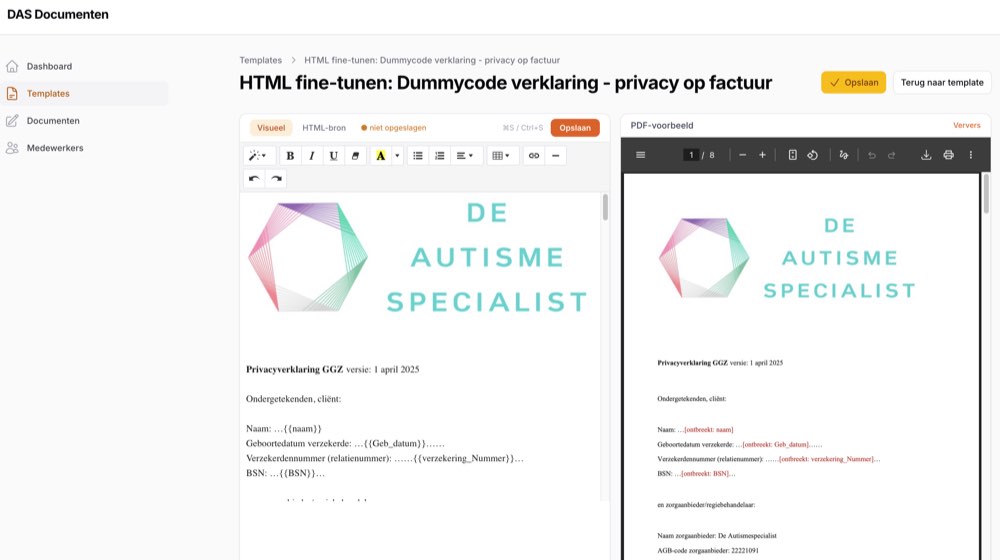 Template-editor met live PDF-voorbeeld in DAS-huisstijl